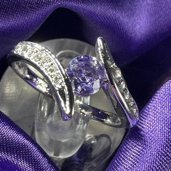 Elegant Amethyst & Zircon Silver Plated Statement Ring – Size 8 - Picture 1 of 14